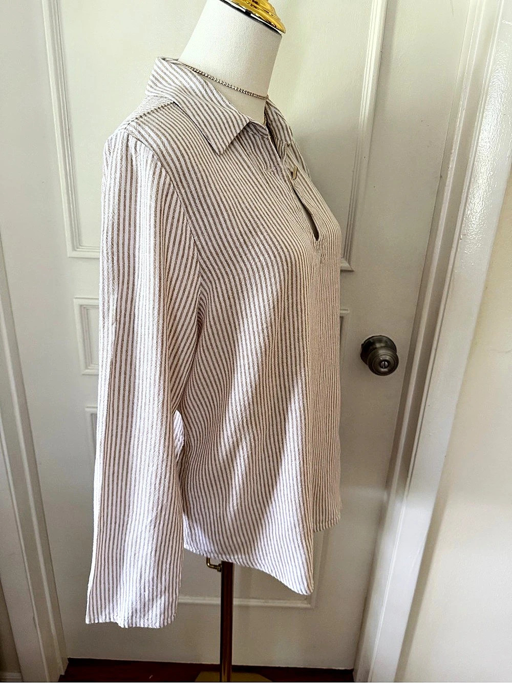 MICHAEL Michael Kors Linen Blend Striped Tunic Top Tan Cream L - Picture 6 of 11